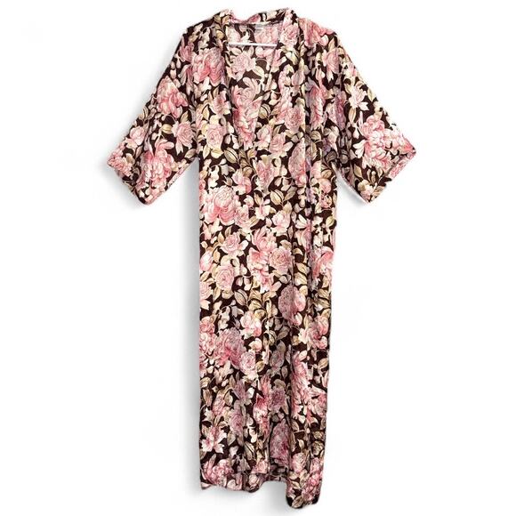Floral Rose Brown Satiny Vintage Robe Kimono size Small - Picture 1 of 9